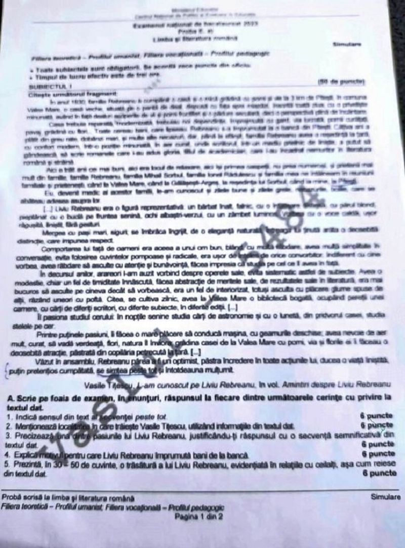 Barem simulare Română BAC 2023.