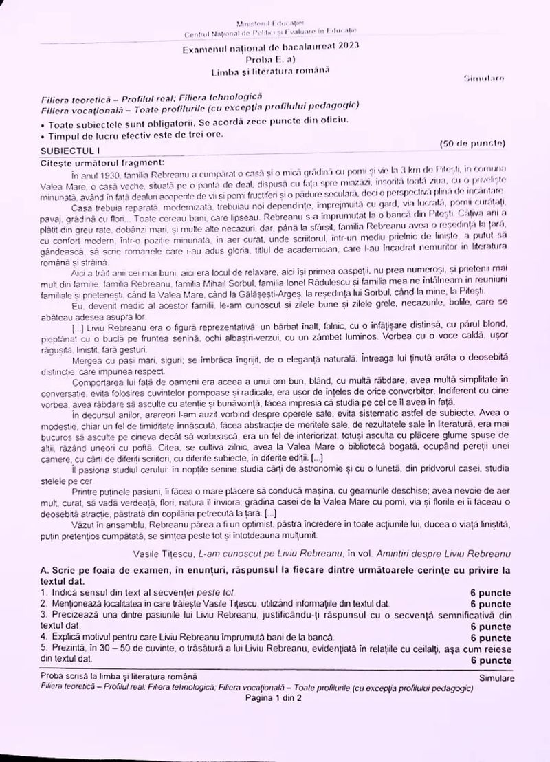 Simulare Română BAC 2023. 