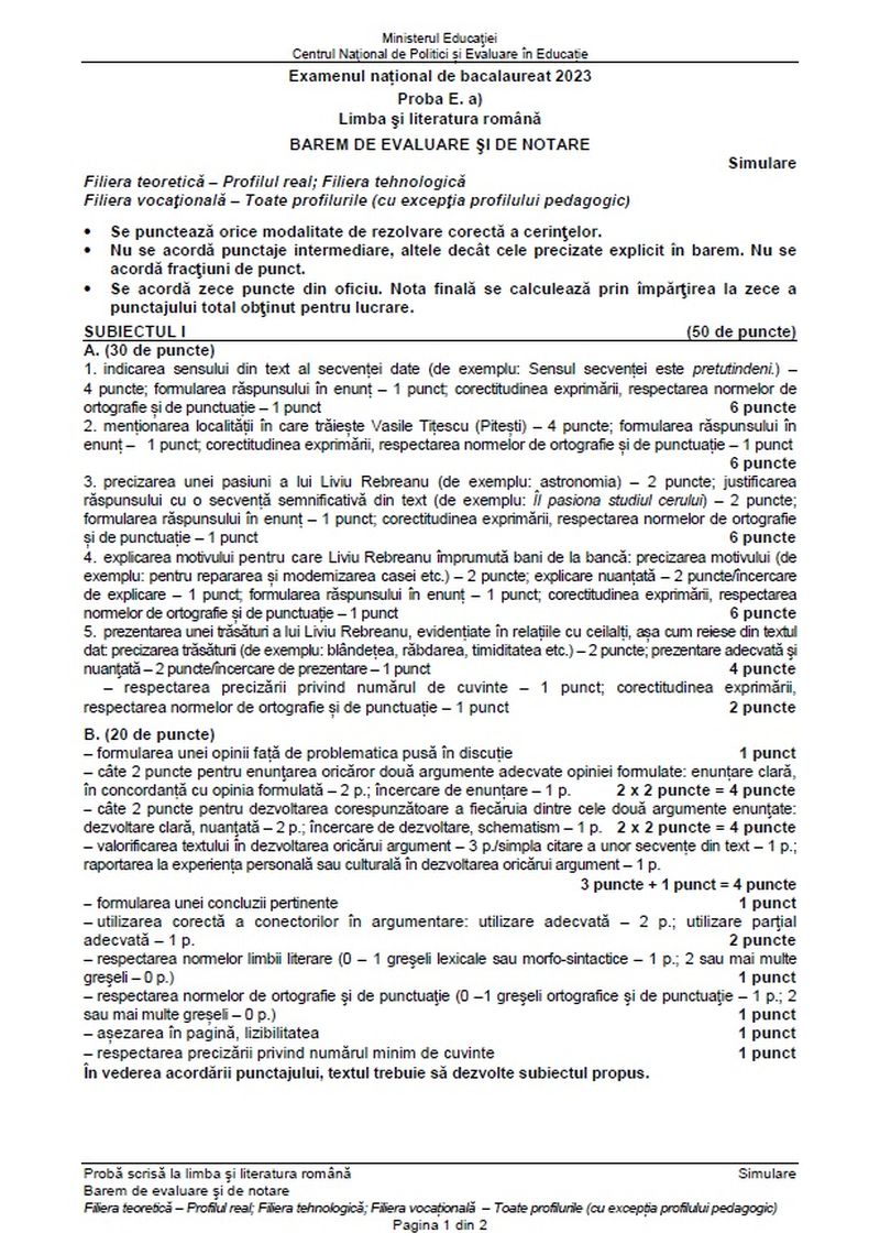 Simulare Română BAC 2023.