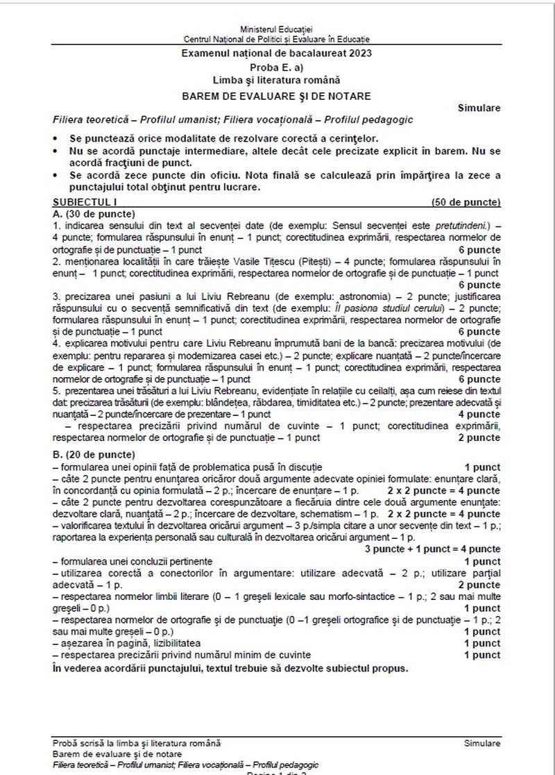 Simulare Română BAC 2023.