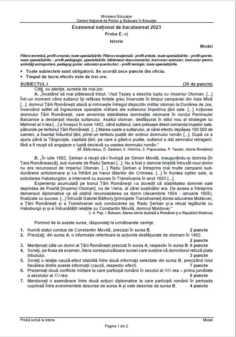 Barem simulare BAC 2023 Istorie.