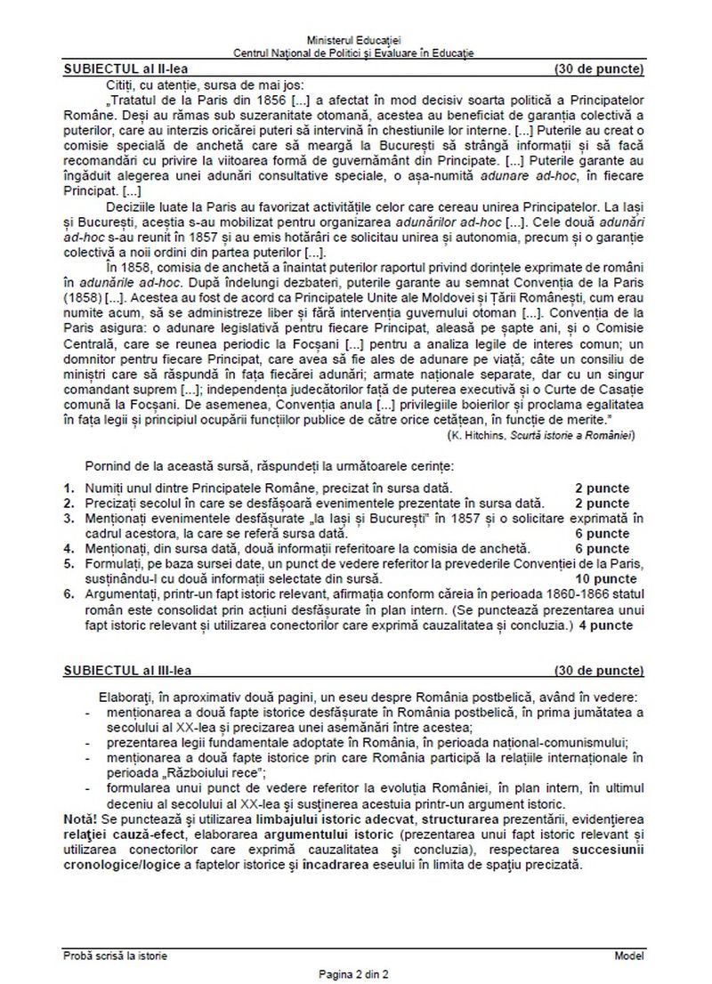 Barem simulare BAC 2023 Istorie.