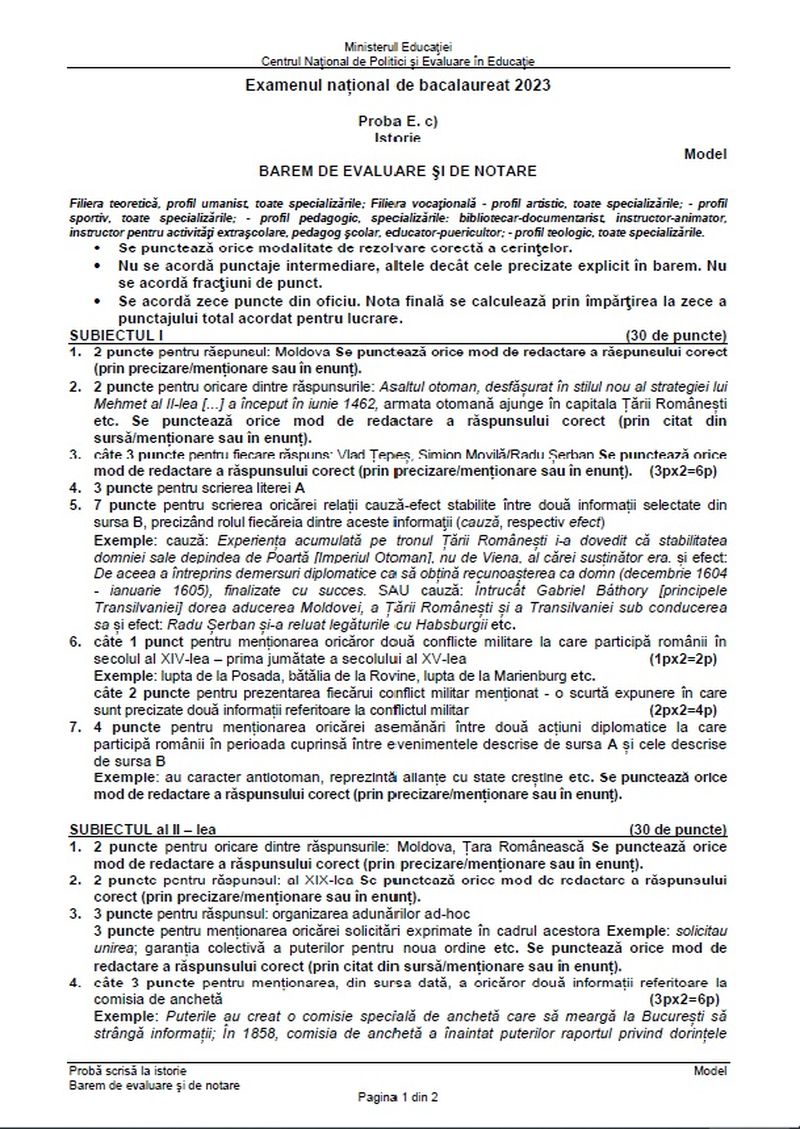 Barem simulare BAC 2023 Istorie.