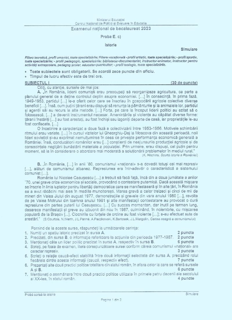 Subiecte simulare Istorie BAC 2023. Vezi ce subiecte au picat! Consultă baremul de corectare!