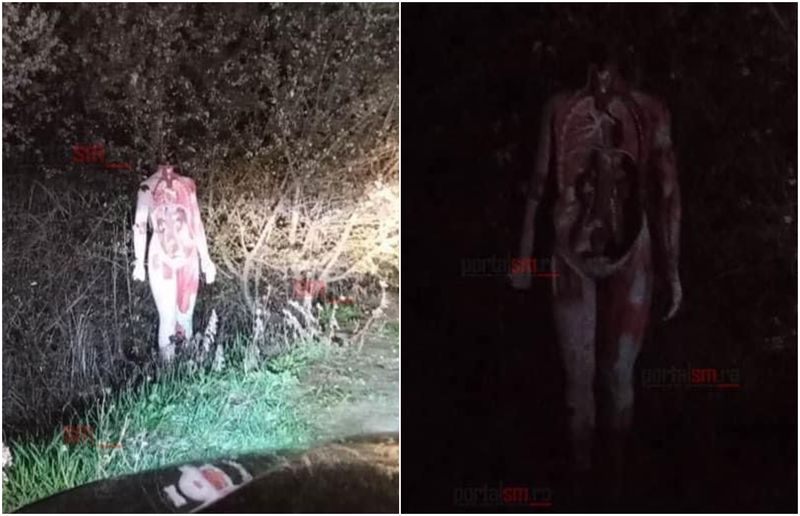 Clipe de groază pentru șoferii din Satu Mare. Un manechin decapitat este amplasat pe marginea unui drum