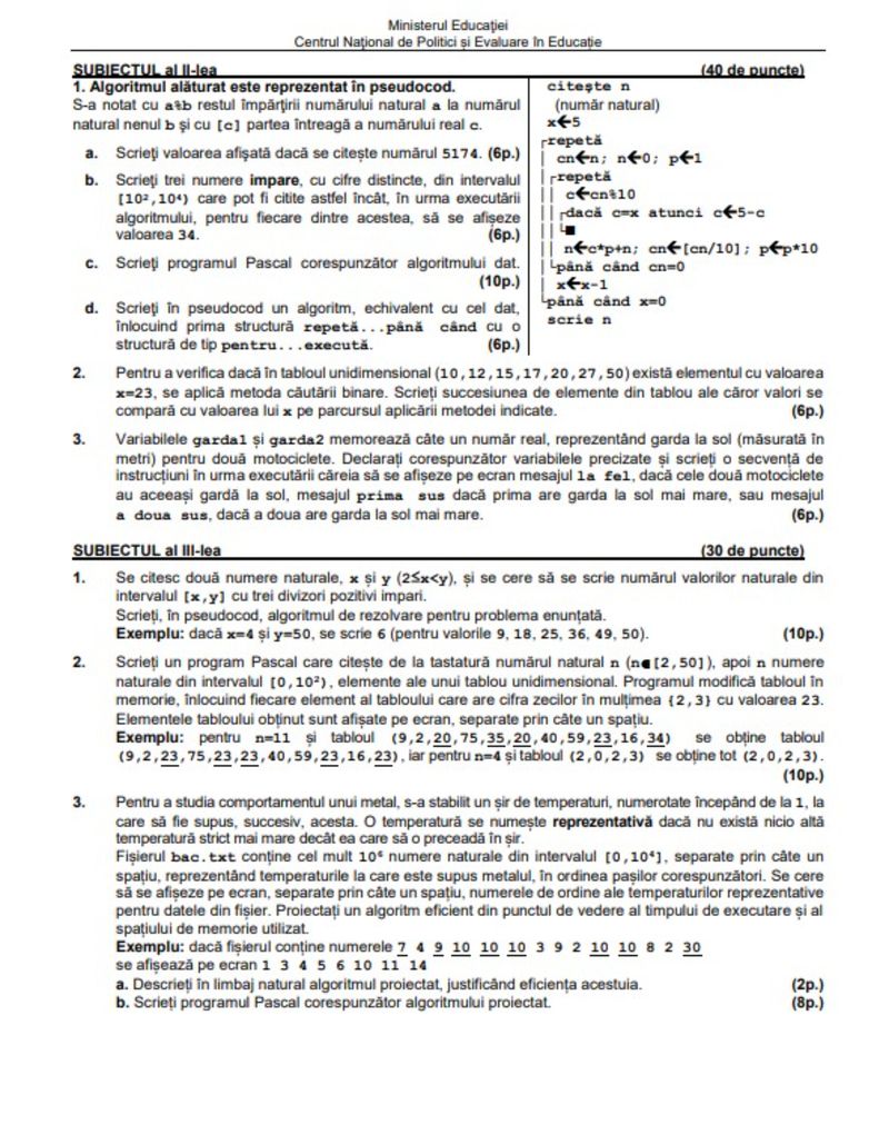 Barem simulare Informatică BAC 2023. Subiectul care i-a încurcat pe elevi