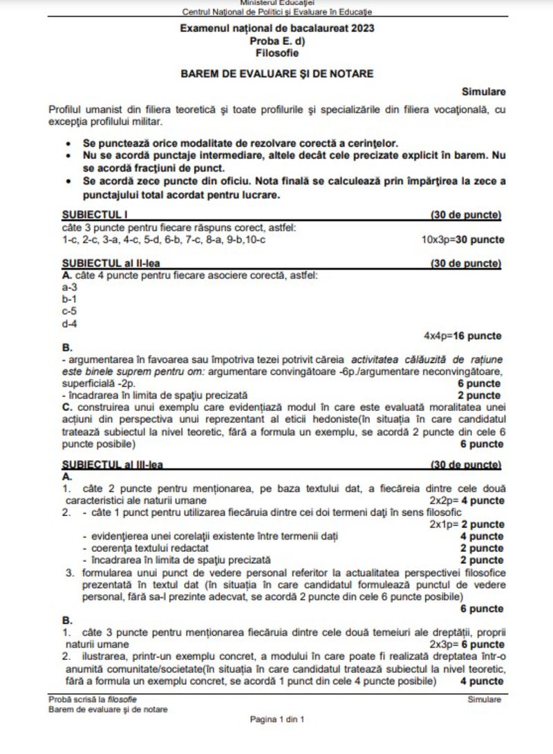 Barem simulare Filosofie BAC 2023. Rezolvarea corectă a subiectelor!
