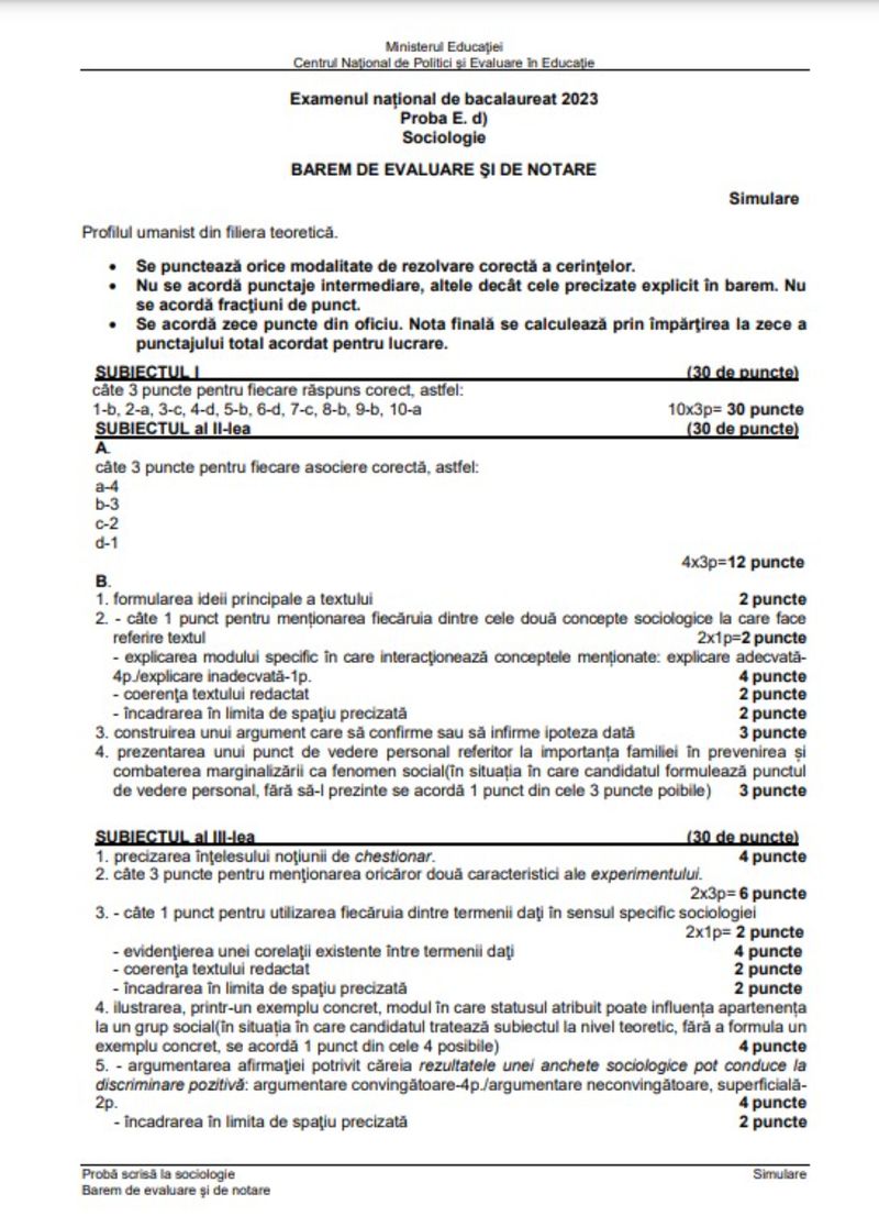 Barem simulare Sociologie BAC 2023. Vezi cum s-au punctat subiectele 