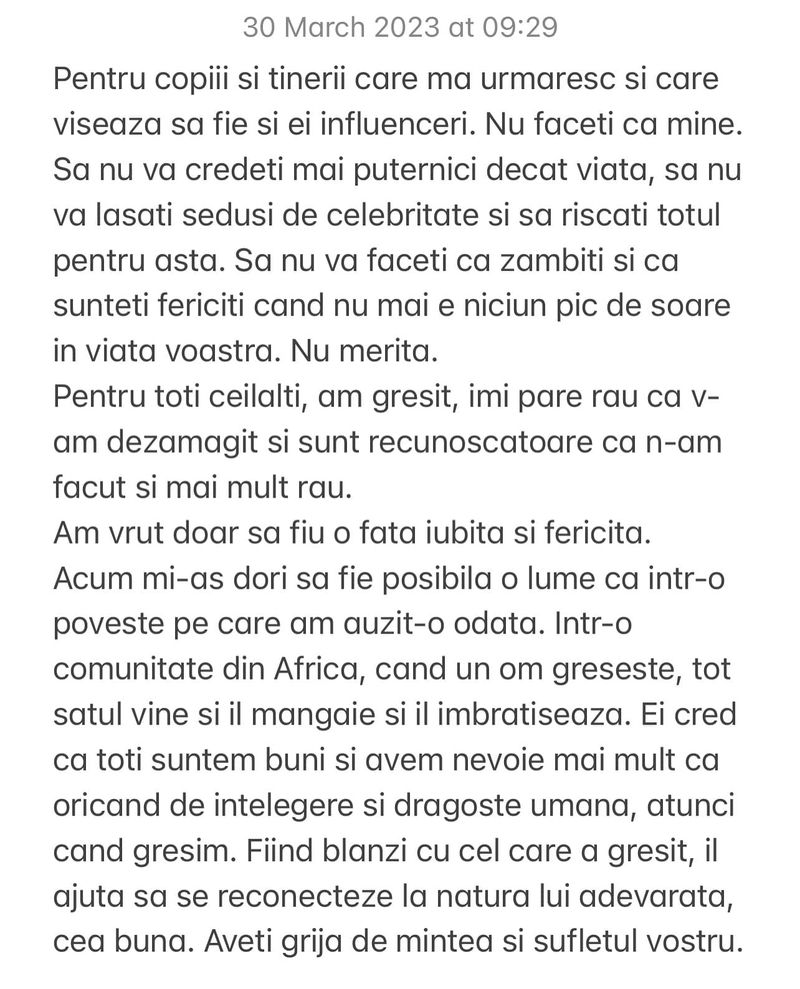 Mesajul postat de Ana Morodan pe pagina sa de Facebook.