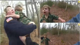 VIDEO - Emoționant! Un băiețel a fost găsit de polițiști, după ce el și cățelușul lui s-au rătăcit &icirc;ntr-o pădure: &bdquo;Hei amice,  te-am prins. Ești bine&rdquo;