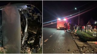 Un t&acirc;năr de 20 de ani a intrat cu mașina &icirc;ntr-un cap de pod, a lovit două curți și s-a răsturnat, &icirc;n apropiere de Buzău. Doi minori au fost răniți