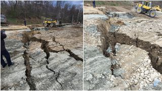 VIDEO - Un drum din județul Vrancea, aflat în plină reabilitare, s-a surpat din cauza unei alunecări masive de teren