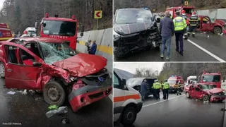 Trafic blocat pe DN1. O dubă și o mașină s-au izbit puternic, iar o persoană a rămas încarcerată