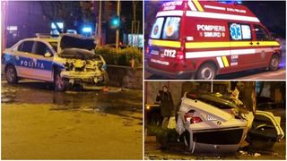 O mașină a Poliției, făcută praf &icirc;ntr-o intersecție din București. Celălalt utoturism implicat &icirc;n accident a distrus bordurile și st&acirc;lpii și apoi s-a răsturnat