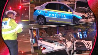 O mașină a Poliției, făcută praf într-o intersecție din București. Celălalt autoturism implicat în accident a distrus bordurile și stâlpii și apoi s-a răsturnat