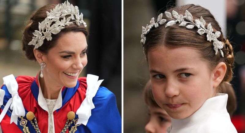 La încoronare, Kate Middleton a purtat veșminte regale, inclusiv o mantie Royal Victorian Order de culoare albastru închis, cu margini cărămizii.
