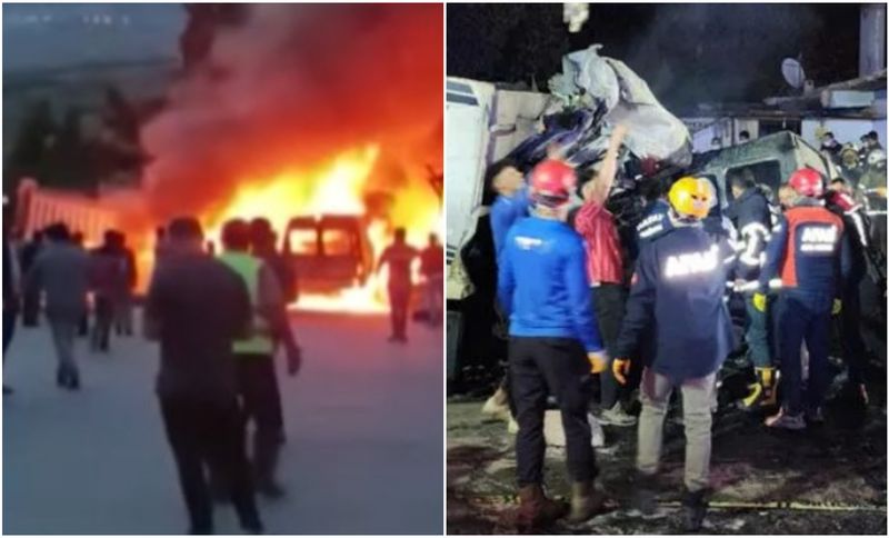 Camionul, care a secerat vehiculele parcate în zonă, s-a transformat într-o minge de flăcări.