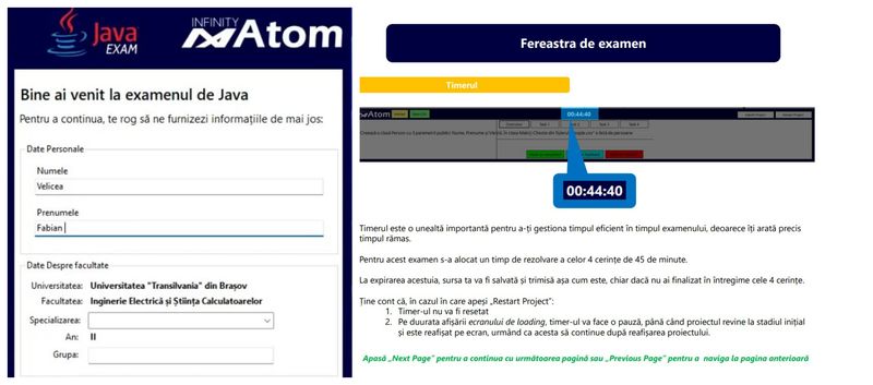 Interfața la prima rulare a programului și durata din fereastra de examen.