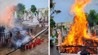 Incendiu puternic &icirc;ntr-un cimitir din Giurgiu