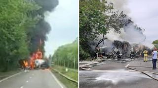VIDEO - Risc de explozie pe Centura Capitalei după ce o cisternă a luat foc după impactul cu un TIR