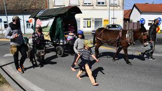 O familie cu 4 copii a plecat din Franţa, într-o călătorie prin lume, cu o căruţă trasă de un măgar.