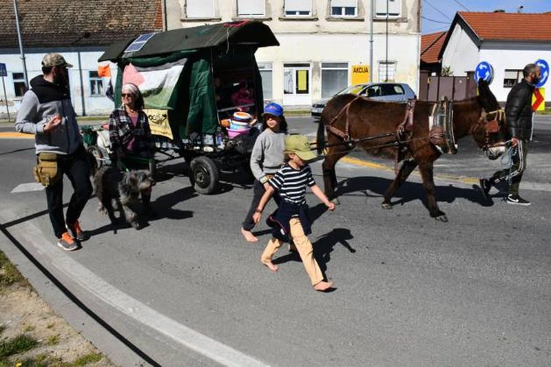 O familie cu 4 copii a plecat din Franţa, într-o călătorie prin lume, cu o căruţă trasă de un măgar.