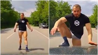 FOTO/VIDEO - Un tânăr în chiloți a sărit pe capota mașinii unor români, în Bulgaria. Scenele inedite au fost suprinse de camera de bord