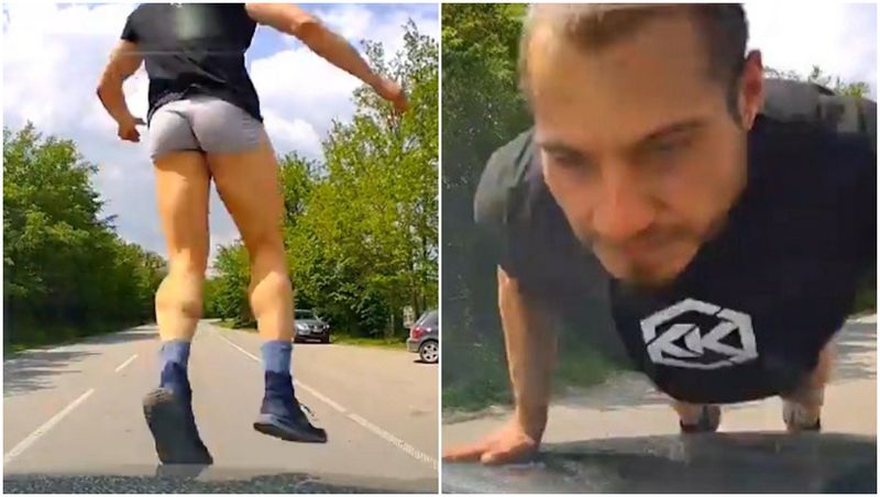FOTO - Un tânăr în chiloți a sărit pe capota mașinii unor români, în Bulgaria. Scenele inedite au fost suprinse de camera de bord