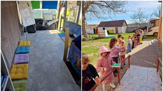 Copiii au ajutat la amenajarea autobuzului cu cărți.