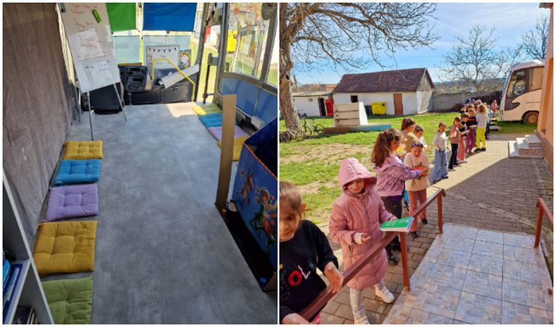 Copiii au ajutat la amenajarea autobuzului cu cărți.