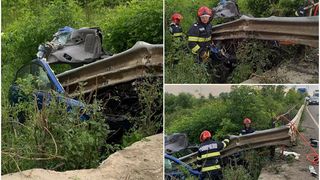 Un șofer a adormit la volan, iar mașina a fost străpunsă de o balustrada metalică