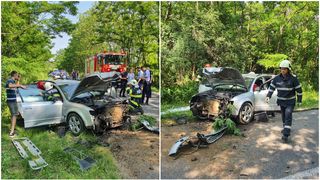 FOTO - O șoferiță a ajuns la spital, după ce a pierdut controlul volanului și a intrat &icirc;ntr-un copac de pe marginea drumului. Mașina s-a făcut bucăți