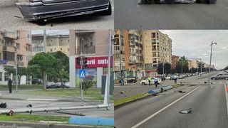 Dezastru pe o șosea din România: șoferul unui BMW a doborât un semafor și a distrus doi stâlpi. A lăsat în urmă doi răniți și a fugit