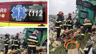 VIDEO-Un TIR s-a răsturnat în Leghia, județul Cluj. Șoferul rămas încarcerat a decedat