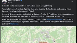 Un pas spre conectivitate rapidă: Sorin Grindeanu anunță începerea lucrărilor pentru drumul de mare viteză Filiași-Lugoj, în valoare de 21,05 milioane de lei
