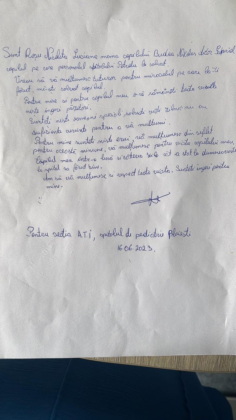 Mama bebelușului a ținut să le mulțumească medicilor de la spitalul de pediatrie printr-o scrisoare.