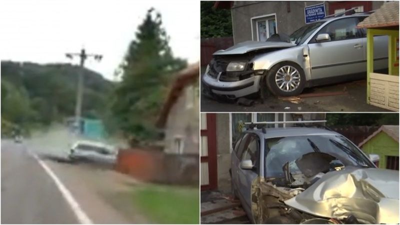 Prăpăd pe DN 1, în apropiere de Predeal. O șoferiță vitezomană s-a înfipt în fațada unei grădinițe, după ce a pierdut controlul volanului