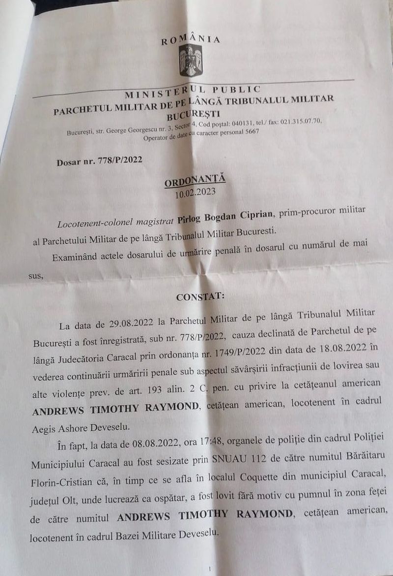 FOTO - Cazul chelnerului din Caracal bătut de un locotenent american de la baza NATO din Deveselu. Dosarul a fost clasat de Parchetul Militar