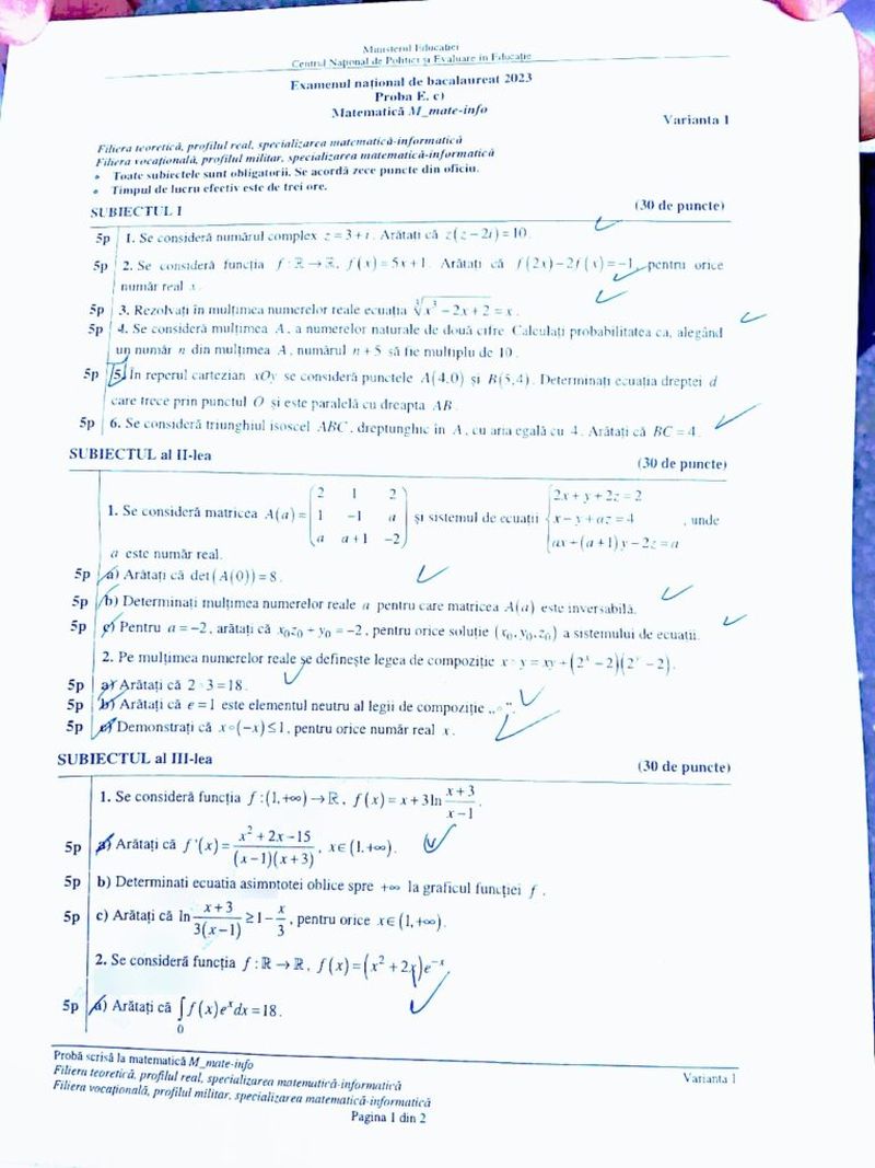 Subiecte Matematică BAC 2023 Edu.ro. 
