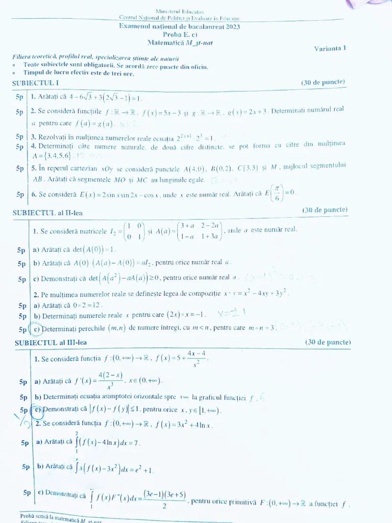 Subiecte Matematică BAC 2023 Edu.ro.