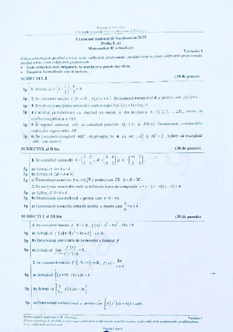 Subiecte Matematică BAC 2023 Edu.ro. 