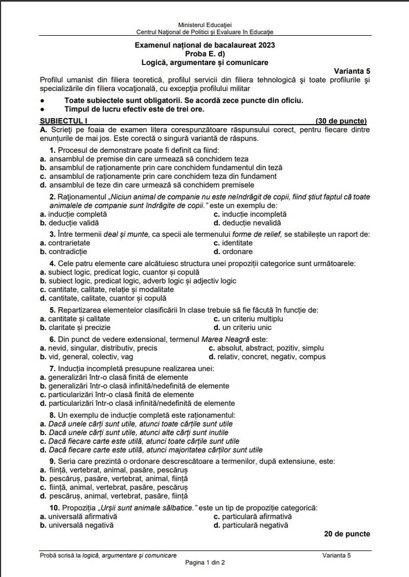 Barem Logică BAC 2023 Edu.ro.