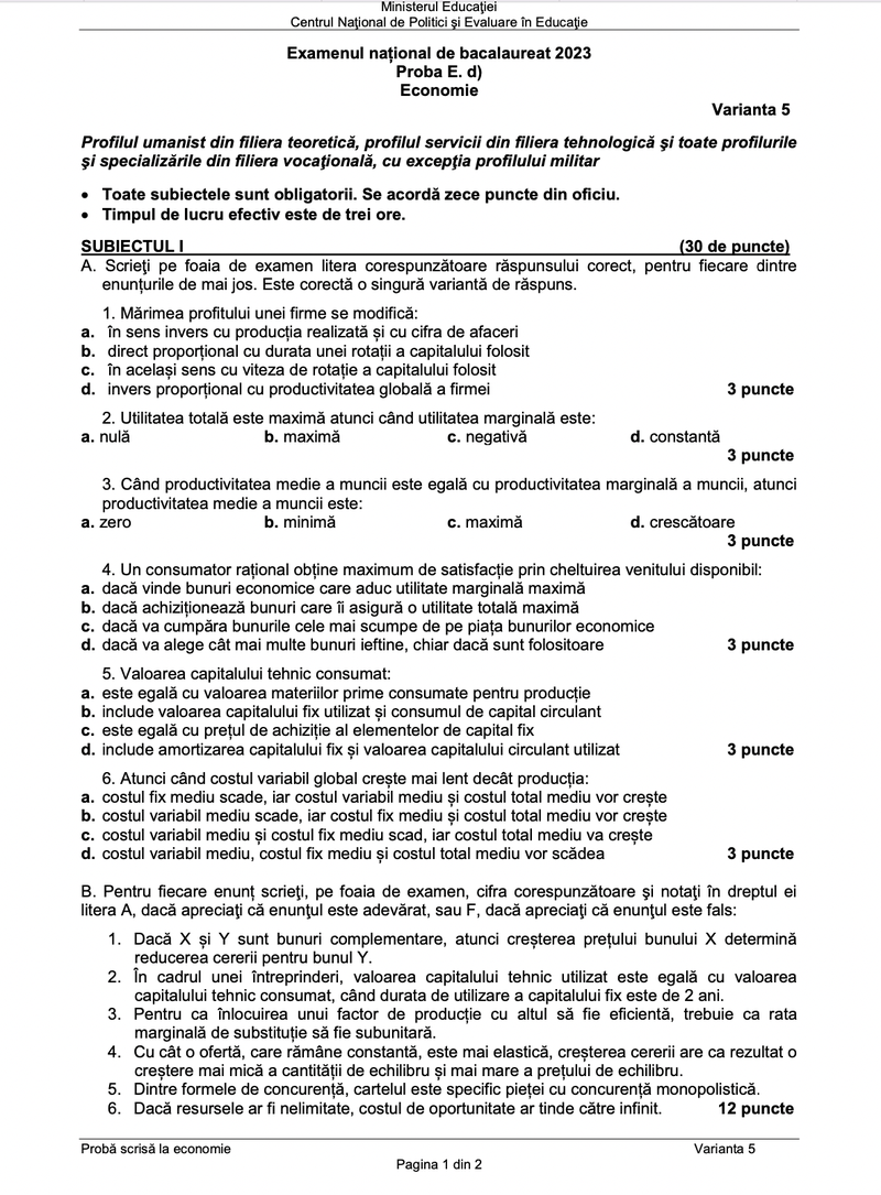 Barem Economie BAC 2023 Edu.ro. Cum trebuie rezolvate subiectele pentru a obține punctaj maxim?