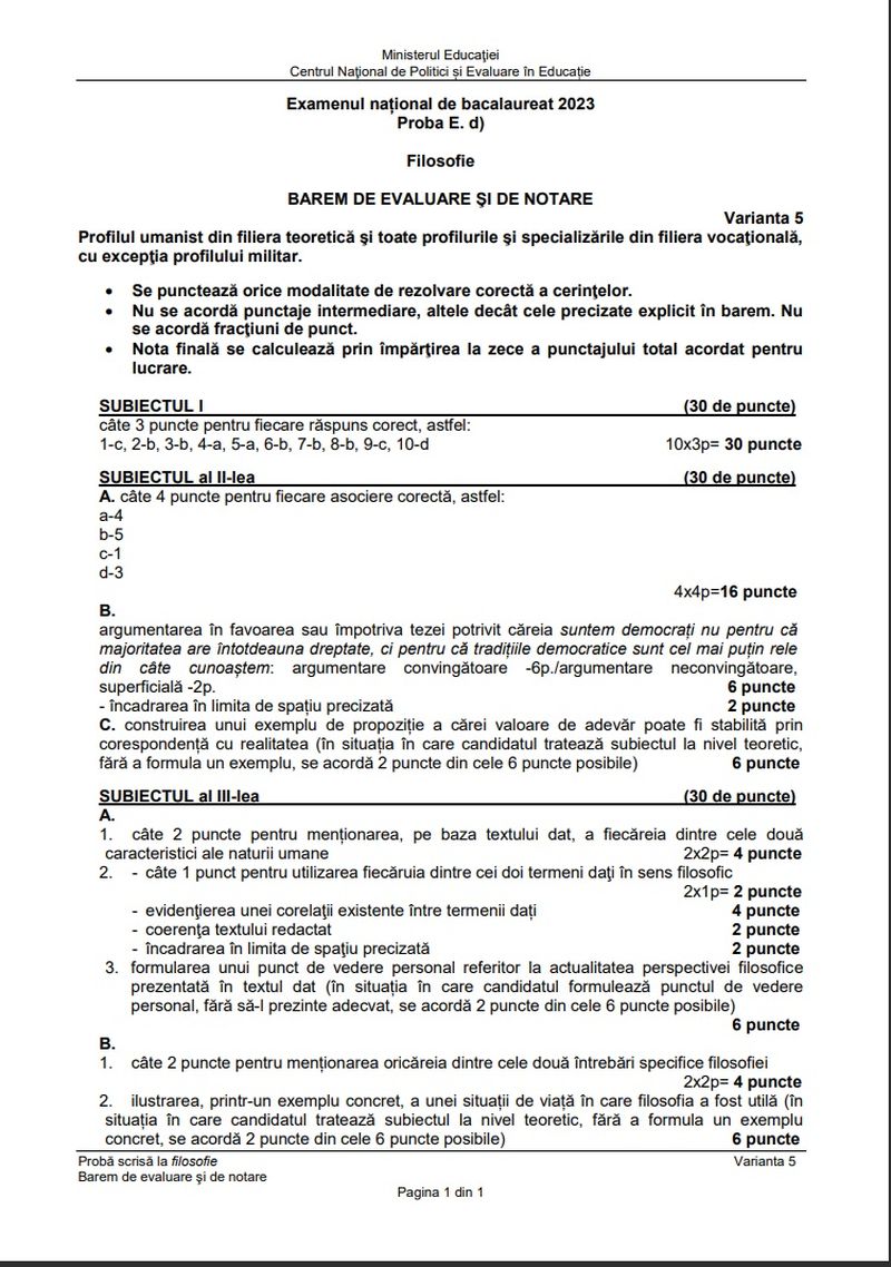 Barem Filosofie BAC 2023 Edu.ro. Ce a picat la subiecul al III-lea?