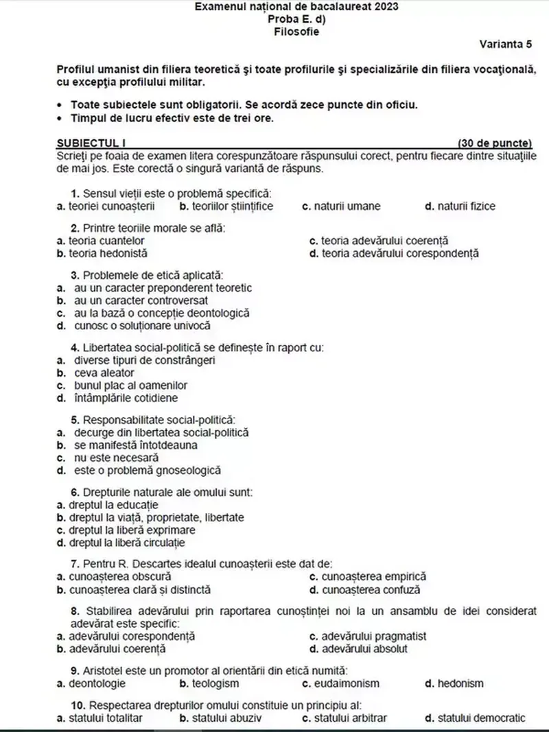Barem Filosofie BAC 2023 Edu.ro. Ce a picat la subiecul al III-lea?