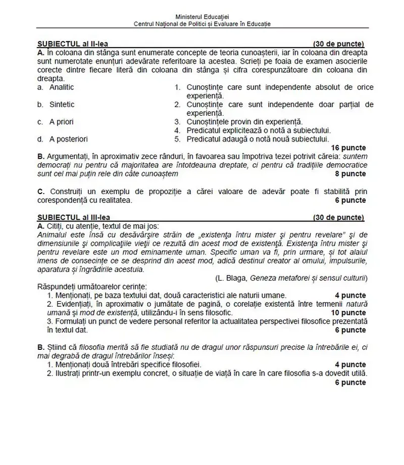Barem Filosofie BAC 2023 Edu.ro. Ce a picat la subiecul al III-lea?