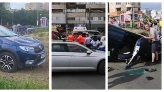 VIDEO- O mașină s-a răsturnat într-o intersecție din Timișoara. O femeie a ajuns la spital