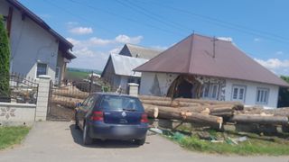 FOTO - O remorcă plină cu butuci s-a răsturnat în curțile a două case. Pompierii militari au intervenit