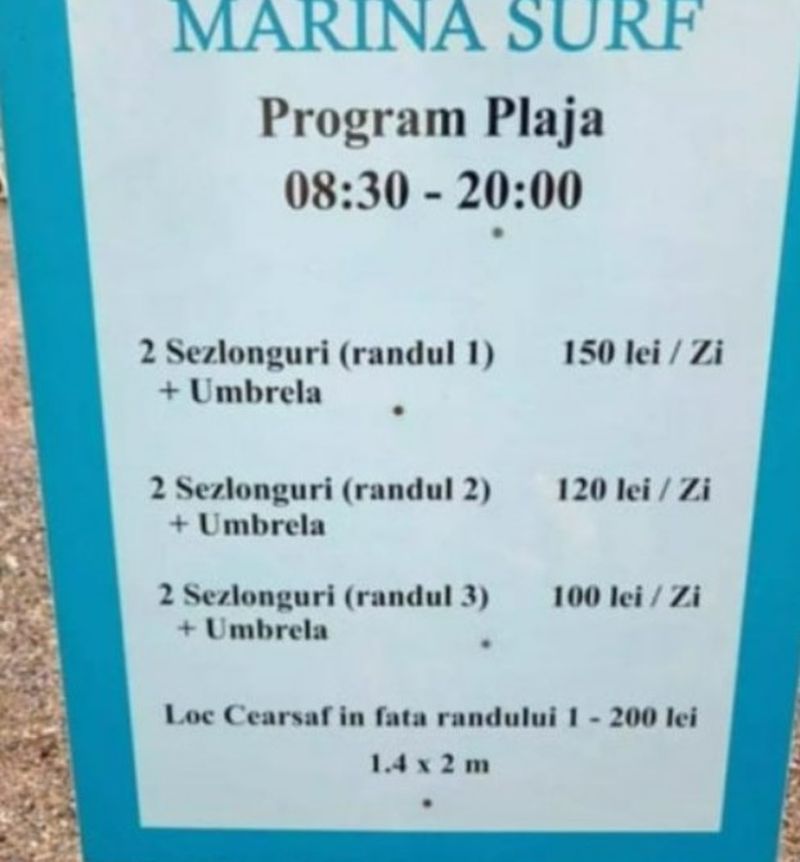 Tarife pentru închirierea șezlongurilor și pentru amplasarea cearșafurilor în Mamaia.