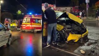 VIDEO - Accident între taxi și o mașină care efectua lucrări de infrastructură, la Iași. Mai multe persoane au ajuns la spital